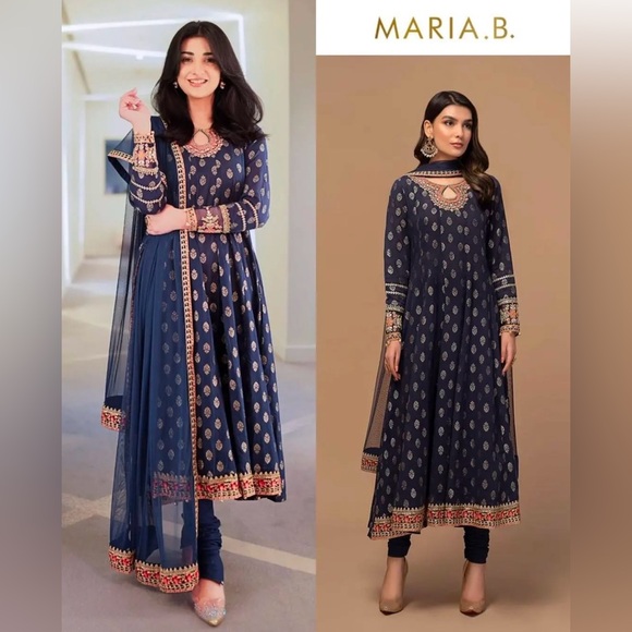 Maria. B. Navy Blue Embroidered Anarkali Suit - Picture 1 of 11